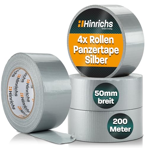 Hinrichs Panzertape silber - 4 Rollen 50m x 50mm Gewebeband - extra starkes Klebeband - wasserdichtes Panzerband - breites Gewebeklebeband grau - power Duct Tape für Innen und Außen von Hinrichs