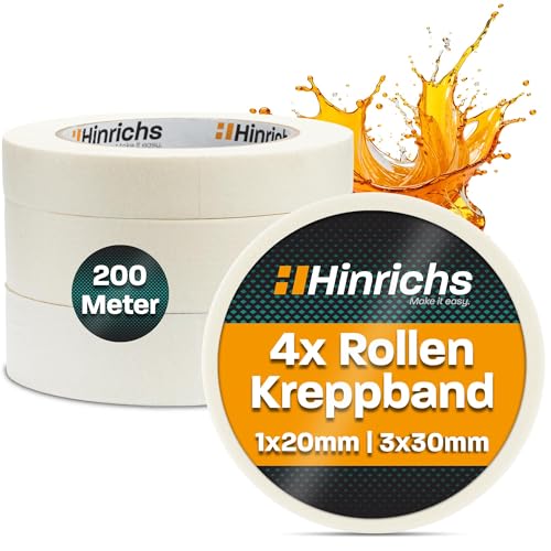 Hinrichs Kreppband 4x - Abklebeband 3 Rollen 50m x 30mm + 1 Rolle 50m x 19mm - Maler Klebeband zum Streichen und Lackieren - Abdeckband für Malerarbeiten - Malerkrepp für Renovierung & Auto von Hinrichs