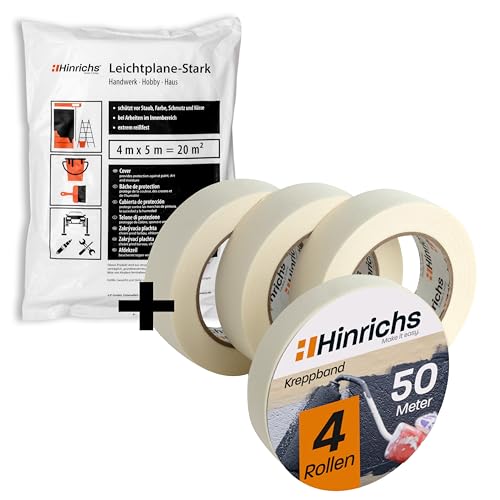 Hinrichs 4x Kreppband inkl. 8x Abdeckfolie - Abklebeband Maler 3 Rollen 50m x 30mm + 1 Rolle 50m x 19mm + 8x Abdeckfolie 4x5m - Malerkrepp & Abdeckfolie für sauberes Arbeiten beim Renovieren von Hinrichs