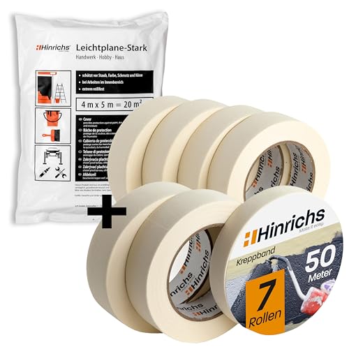 Hinrichs 7x Kreppband inkl. 8x Abdeckfolie - Abklebeband Maler 6 Rollen 50m x 30mm + 1 Rolle 50m x 19mm + 8x Abdeckfolie 4x5m - Malerkrepp & Abdeckfolie für sauberes Arbeiten beim Renovieren von Hinrichs