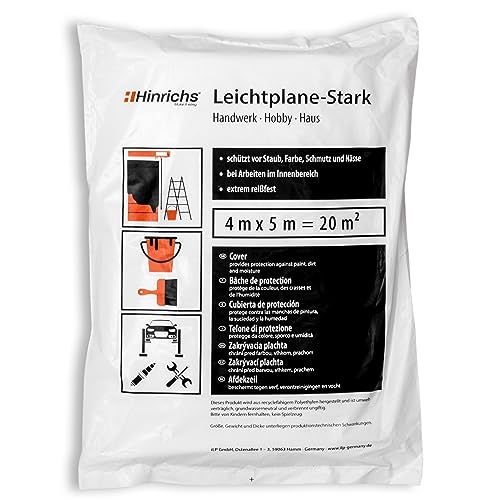 Hinrichs Abdeckfolie Maler 1er Pack - Malerfolie 4x5m für insgesamt 20qm - Hochwertige Maler Abdeckfolie als Schmutz- & Staubschutz - HDPE Folie mit 7my Stärke - Praktisches Maler Zubehör von Hinrichs