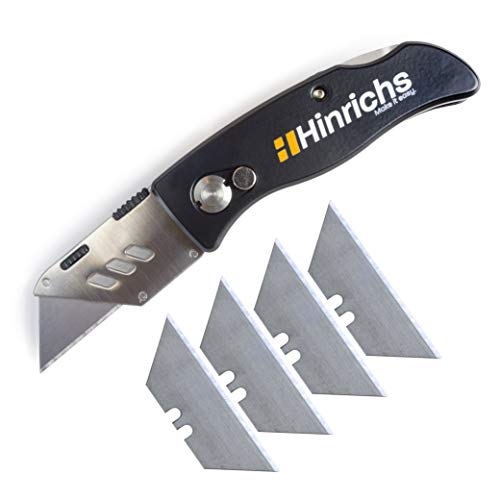 Hinrichs Cuttermesser Profi – Box Cutter Messer - Klappbares Teppichmesser Profi mit 5 Klingen - geeignet für Tapeten, Teppiche, Karton, Folie – Profi Cuttermesser – Tepichmesser - Tapezier Messer von Hinrichs