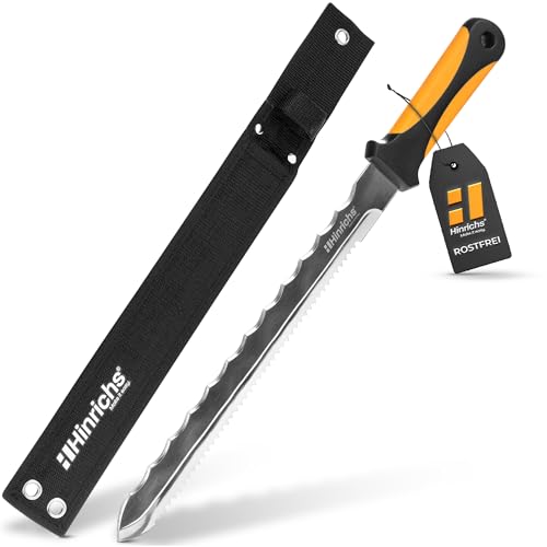 Hinrichs Dämmstoffmesser - rostfreies Dämmmesser 420mm - Gehärtete Doppelschliff-Stahlklinge 290mm - Dämmstoffschneider mit Etui - Geeignet für Dämmwolle, Styropor, Schaumstoff uvm. von Hinrichs