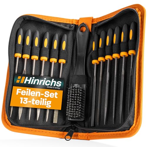 Hinrichs Feilenset Metall und Holz 13tlg. inkl. Etui - 6x Diamantfeilen, 6x Stahlfeilen, 1x Stahlbürste - Profi Feilen Set, Mini Feilen Set, Schlüsselfeilen Set, Holzraspel von Hinrichs