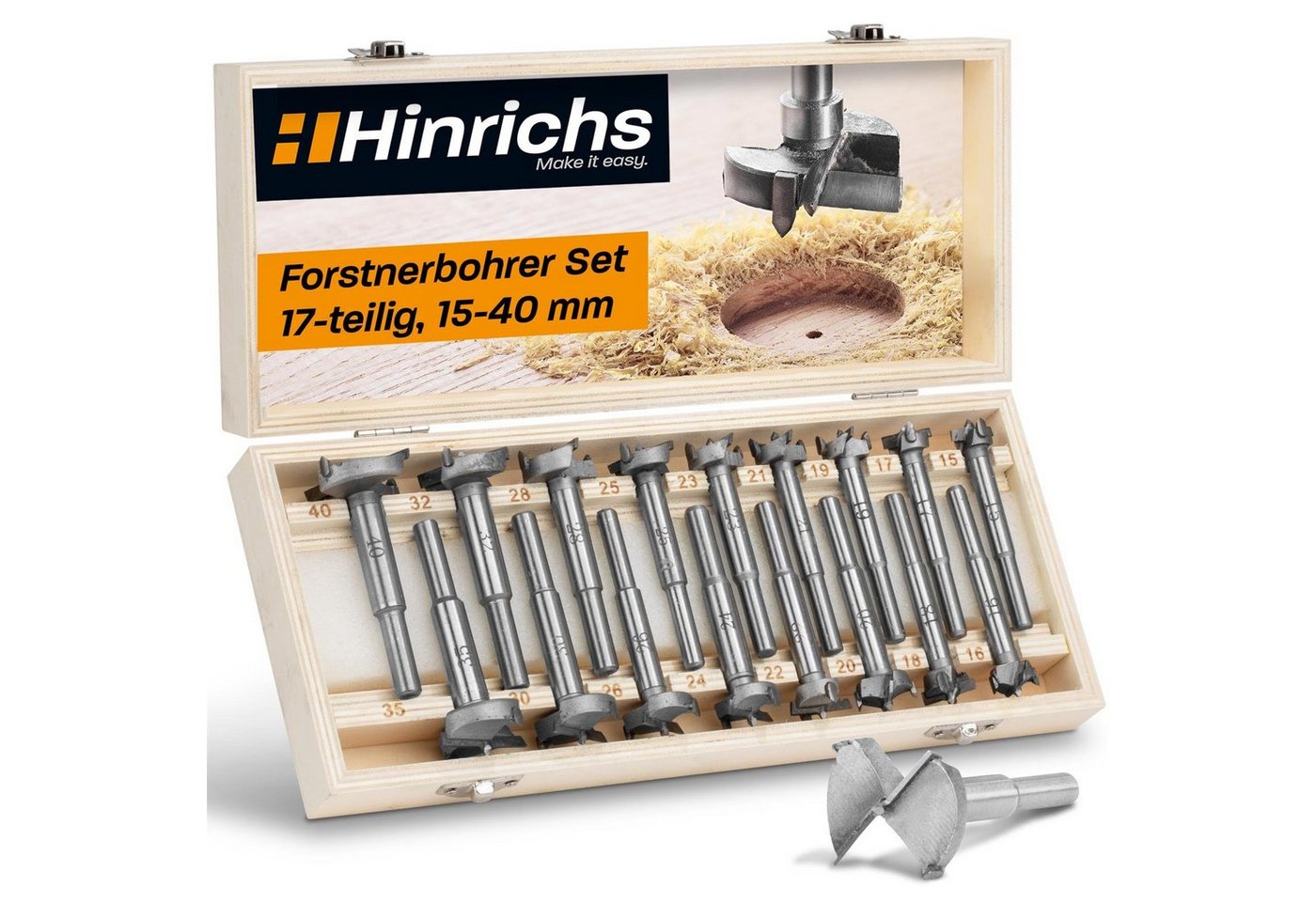 Hinrichs Forstnerbohrer Forstnerbohrer Set in Holz Aufbewahrungsbox, (Set, 17-tlg), mit 17 verschiedenen Bohrern von Hinrichs