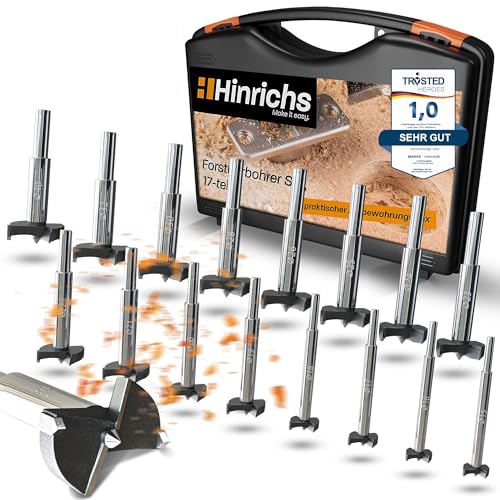 Hinrichs Forstnerbohrer Set 17 teilig im Koffer - Forstnerbohrer-Set 15 bis 40 mm - Holzbohrer - Forstner - Forsterbohrerset Fräslochborer Topfbohrer - Bohrer Holz - Lochfräser Astlochbohrer von Hinrichs