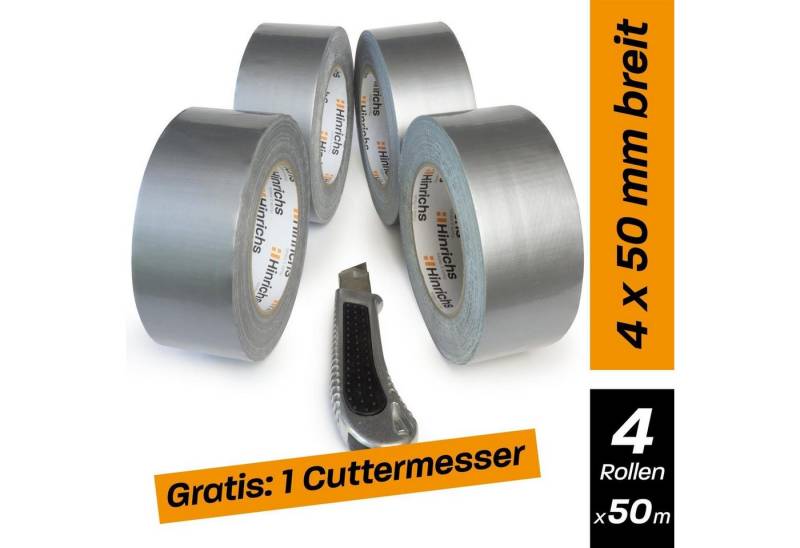Hinrichs Klebeband 4 Rollen Panzerband silber 50 m x 50 mm plus Cuttermesser von Hinrichs