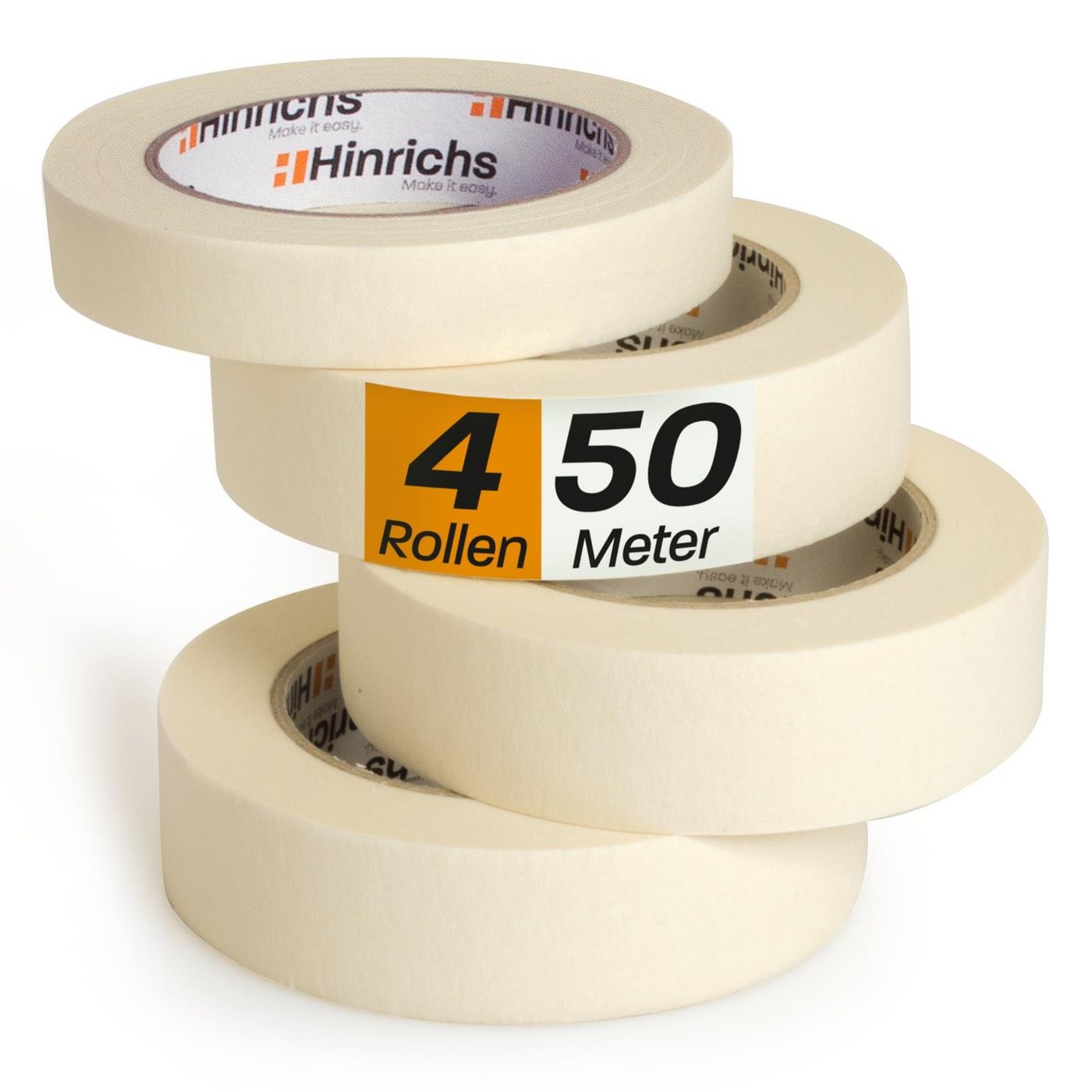 Hinrichs Klebeband 4 x Kreppband 3 Rollen 50 m x 30 mm plus 1 Rolle 50 m x 20 mm - Malerkrepp für sauberes Abkleben von Hinrichs