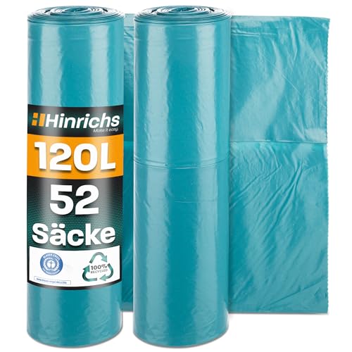 Hinrichs Müllsäcke 120L extra Stark - 2x 26er Rolle - 70x110 cm - Extrem reißfeste Müllbeutel - Mülltüten aus Recycling LDPE - Blaue Säcke - Abfallsäcke für Garten, Haushalt & Baustelle von Hinrichs