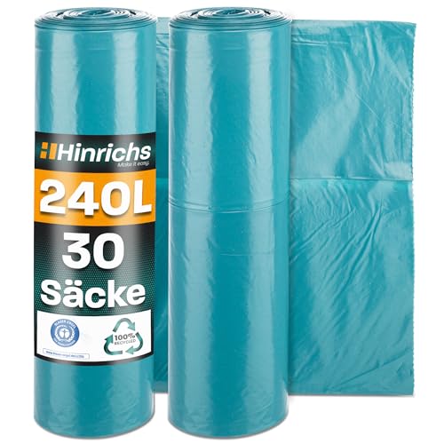 Hinrichs Müllsäcke 240L extra Stark - 2x 15er Rolle - 100x125 cm - Extrem reißfeste Müllbeutel - Mülltüten aus Recycling LDPE - Blaue Säcke - Abfallsäcke für Garten, Haushalt & Baustelle von Hinrichs