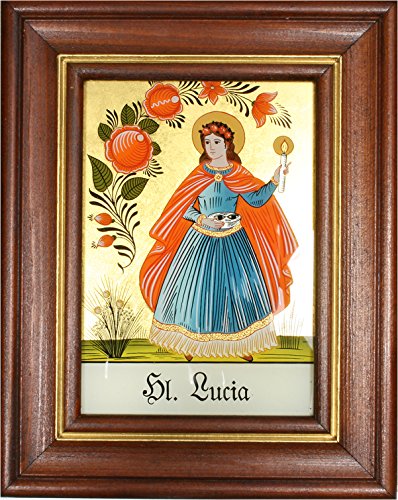Hinterglaswerkstätten - Hinterglasbild/Patronatsbild Hl. Lucia mit braun gebeizten Holzrahmen, handbemalt mit Legende des Heiligen auf der Bildrückseite, ca. B: 12,5 x H: 16 cm Hinterglaswerkstätten - Hinterglasbild/Patronatsbild Hl. Lucia mit braun gebeizten Holzrahmen, handbemalt mit Legende des Heiligen auf der Bildrückseite, ca. B: 12,5 x H: 16 cm von Hinterglaswerkstätten