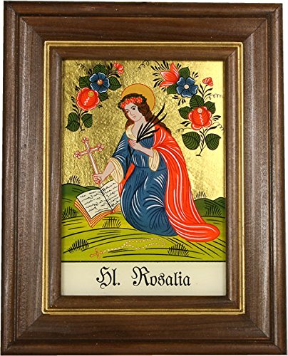Hinterglaswerkstätten - Hinterglasbild/Patronatsbild Hl. Rosalia mit braun gebeizten Holzrahmen, handbemalt mit Legende des Heiligen auf der Bildrückseite, ca. B: 12,5 x H: 16 cm Hinterglaswerkstätten - Hinterglasbild/Patronatsbild Hl. Rosalia mit braun gebeizten Holzrahmen, handbemalt mit Legende des Heiligen auf der Bildrückseite, ca. B: 12,5 x H: 16 cm von Hinterglaswerkstätten