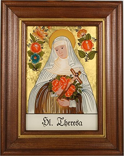Hinterglaswerkstätten - Hinterglasbild/Patronatsbild Hl. Theresa Rosen mit braun gebeizten Holzrahmen, handbemalt mit Legende des Heiligen auf der Bildrückseite, ca. B: 12,5 x H: 16 cm Hinterglaswerkstätten - Hinterglasbild/Patronatsbild Hl. Theresa Rosen mit braun gebeizten Holzrahmen, handbemalt mit Legende des Heiligen auf der Bildrückseite, ca. B: 12,5 x H: 16 cm von Hinterglaswerkstätten