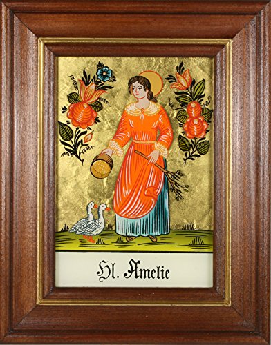 Hinterglaswerkstätten - Hinterglasbild / Patronatsbild "Hl. Amelie" mit braun gebeizten Holzrahmen, handbemalt mit Legende des Heiligen auf der Bildrückseite, ca. B: 12,5 x H: 16 cm von Hinterglaswerkstätten