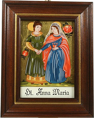 Hinterglaswerkstätten - Hinterglasbild / Patronatsbild "Hl. Anna Maria" mit braun gebeizten Holzrahmen, handbemalt mit Legende des Heiligen auf der Bildrückseite, ca. B: 12,5 x H: 16 cm von Hinterglaswerkstätten