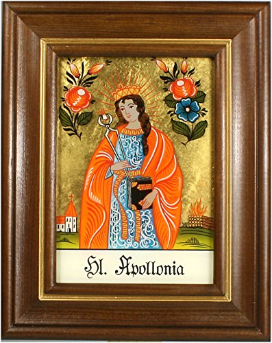 Hinterglaswerkstätten - Hinterglasbild / Patronatsbild "Hl. Apollonia" mit braun gebeizten Holzrahmen, handbemalt mit Legende des Heiligen auf der Bildrückseite, ca. B: 12,5 x H: 16 cm von Hinterglaswerkstätten