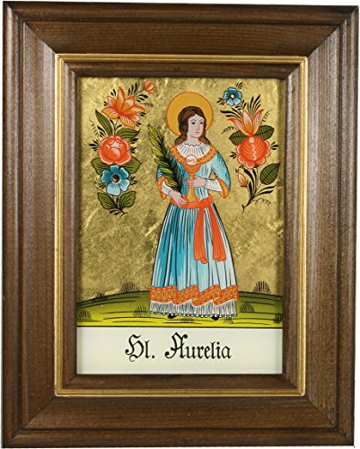 Hinterglaswerkstätten - Hinterglasbild / Patronatsbild "Hl. Aurelia" mit braun gebeizten Holzrahmen, handbemalt mit Legende des Heiligen auf der Bildrückseite, ca. B: 12,5 x H: 16 cm von Hinterglaswerkstätten