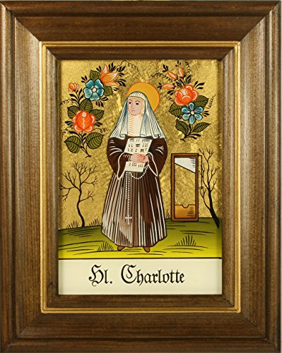 Hinterglaswerkstätten - Hinterglasbild / Patronatsbild "Hl. Charlotte" mit braun gebeizten Holzrahmen, handbemalt mit Legende des Heiligen auf der Bildrückseite, ca. B: 12,5 x H: 16 cm von Hinterglaswerkstätten