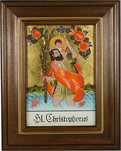 Hinterglaswerkstätten - Hinterglasbild / Patronatsbild Hl. Christophorus mit braun gebeizten Holzrahmen, handbemalt mit Legende des Heiligen auf der Bildrückseite, ca. B: 12,5 x H: 16 cm von Hinterglaswerkstätten