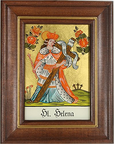 Hinterglaswerkstätten - Hinterglasbild / Patronatsbild Hl. Helena mit braun gebeizten Holzrahmen, handbemalt mit Legende des Heiligen auf der Bildrückseite, ca. B: 12,5 x H: 16 cm von Hinterglaswerkstätten