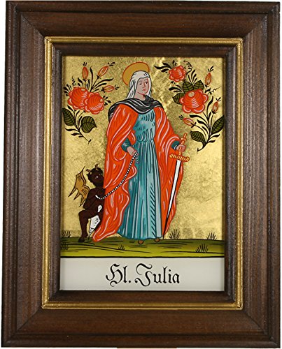 Hinterglaswerkstätten - Hinterglasbild / Patronatsbild "Hl. Julia" mit braun gebeizten Holzrahmen, handbemalt mit Legende des Heiligen auf der Bildrückseite, ca. B: 12,5 x H: 16 cm von Hinterglaswerkstätten