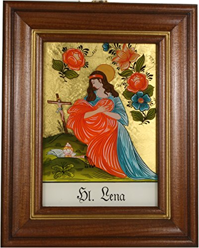 Hinterglaswerkstätten - Hinterglasbild / Patronatsbild "Hl. Lena Magdalena" mit braun gebeizten Holzrahmen, handbemalt mit Legende des Heiligen auf der Bildrückseite, ca. B: 12,5 x H: 16 cm von Hinterglaswerkstätten