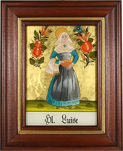 Hinterglaswerkstätten - Hinterglasbild / Patronatsbild "Hl. Luise" mit braun gebeizten Holzrahmen, handbemalt mit Legende des Heiligen auf der Bildrückseite, ca. B: 12,5 x H: 16 cm von Hinterglaswerkstätten