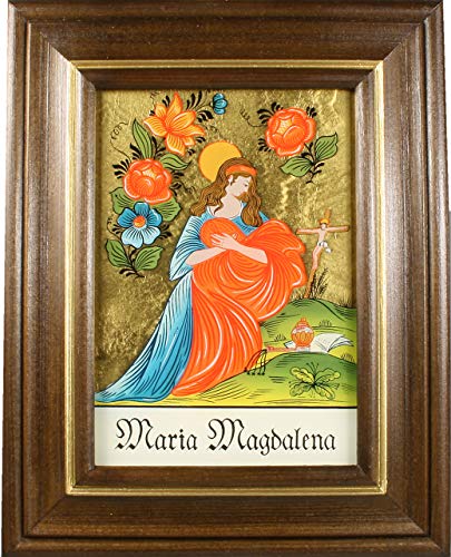 Hinterglaswerkstätten - Hinterglasbild / Patronatsbild Hl. Maria Magdalena 1" mit braun gebeizten Holzrahmen, handbemalt mit Legende des Heiligen auf der Bildrückseite, ca. B: 12,5 x H: 16 cm von Hinterglaswerkstätten