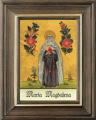 Hinterglaswerkstätten - Hinterglasbild / Patronatsbild Hl. Maria Magdalena 2" mit braun gebeizten Holzrahmen, handbemalt mit Legende des Heiligen auf der Bildrückseite, ca. B: 12,5 x H: 16 cm von Hinterglaswerkstätten
