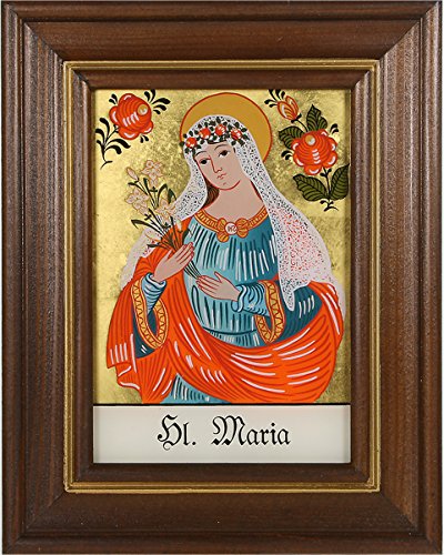 Hinterglaswerkstätten - Hinterglasbild / Patronatsbild Hl. Maria Schl. mit braun gebeizten Holzrahmen, handbemalt mit Legende des Heiligen auf der Bildrückseite, ca. B: 12,5 x H: 16 cm von Hinterglaswerkstätten