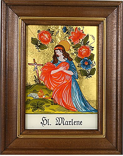 Hinterglaswerkstätten - Hinterglasbild / Patronatsbild "Hl. Marlene" mit braun gebeizten Holzrahmen, handbemalt mit Legende des Heiligen auf der Bildrückseite, ca. B: 12,5 x H: 16 cm von Hinterglaswerkstätten
