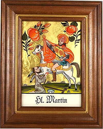 Hinterglaswerkstätten - Hinterglasbild / Patronatsbild Hl. Martin mit braun gebeizten Holzrahmen, handbemalt mit Legende des Heiligen auf der Bildrückseite, ca. B: 12,5 x H: 16 cm von Hinterglaswerkstätten