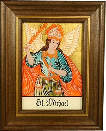 Hinterglaswerkstätten - Hinterglasbild/Patronatsbild Hl. Michael Waage mit braun gebeizten Holzrahmen, handbemalt mit Legende des Heiligen auf der Bildrückseite, ca. B: 12,5 x H: 16 cm Hinterglaswerkstätten - Hinterglasbild/Patronatsbild Hl. Michael Waage mit braun gebeizten Holzrahmen, handbemalt mit Legende des Heiligen auf der Bildrückseite, ca. B: 12,5 x H: 16 cm von Hinterglaswerkstätten
