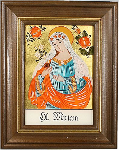 Hinterglaswerkstätten - Hinterglasbild / Patronatsbild "Hl. Miriam" mit braun gebeizten Holzrahmen, handbemalt mit Legende des Heiligen auf der Bildrückseite, ca. B: 12,5 x H: 16 cm von Hinterglaswerkstätten