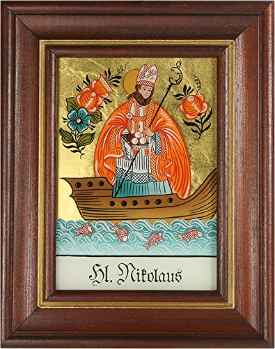 Hinterglaswerkstätten - Hinterglasbild/Patronatsbild Hl. Nikolaus mit braun gebeizten Holzrahmen, handbemalt mit Legende des Heiligen auf der Bildrückseite, ca. B: 12,5 x H: 16 cm Hinterglaswerkstätten - Hinterglasbild/Patronatsbild Hl. Nikolaus mit braun gebeizten Holzrahmen, handbemalt mit Legende des Heiligen auf der Bildrückseite, ca. B: 12,5 x H: 16 cm von Hinterglaswerkstätten