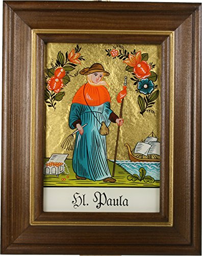 Hinterglaswerkstätten - Hinterglasbild / Patronatsbild "Hl. Paula" mit braun gebeizten Holzrahmen, handbemalt mit Legende des Heiligen auf der Bildrückseite, ca. B: 12,5 x H: 16 cm von Hinterglaswerkstätten