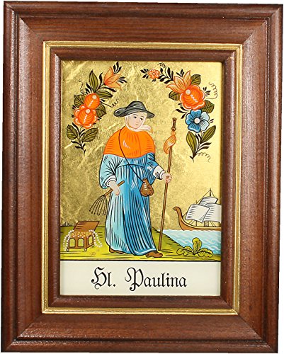 Hinterglaswerkstätten - Hinterglasbild / Patronatsbild "Hl. Paulina" mit braun gebeizten Holzrahmen, handbemalt mit Legende des Heiligen auf der Bildrückseite, ca. B: 12,5 x H: 16 cm von Hinterglaswerkstätten