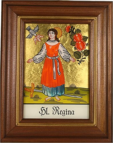 Hinterglaswerkstätten - Hinterglasbild/Patronatsbild Hl. Regina mit braun gebeizten Holzrahmen, handbemalt mit Legende des Heiligen auf der Bildrückseite, ca. B: 12,5 x H: 16 cm Hinterglaswerkstätten - Hinterglasbild/Patronatsbild Hl. Regina mit braun gebeizten Holzrahmen, handbemalt mit Legende des Heiligen auf der Bildrückseite, ca. B: 12,5 x H: 16 cm von Hinterglaswerkstätten