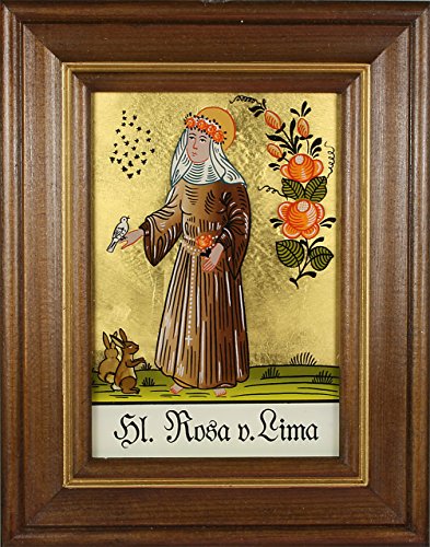 Hinterglaswerkstätten - Hinterglasbild / Patronatsbild "Hl. Rosa v. Lima" mit braun gebeizten Holzrahmen, handbemalt mit Legende des Heiligen auf der Bildrückseite, ca. B: 12,5 x H: 16 cm von Hinterglaswerkstätten