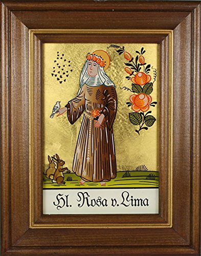 Hinterglaswerkstätten - Hinterglasbild/Patronatsbild Hl. Rosa v. Lima mit braun gebeizten Holzrahmen, handbemalt mit Legende des Heiligen auf der Bildrückseite, ca. B: 12,5 x H: 16 cm Hinterglaswerkstätten - Hinterglasbild/Patronatsbild Hl. Rosa v. Lima mit braun gebeizten Holzrahmen, handbemalt mit Legende des Heiligen auf der Bildrückseite, ca. B: 12,5 x H: 16 cm von Hinterglaswerkstätten