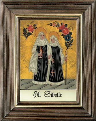 Hinterglaswerkstätten - Hinterglasbild/Patronatsbild Hl. Sibylle mit braun gebeizten Holzrahmen, handbemalt mit Legende des Heiligen auf der Bildrückseite, ca. B: 12,5 x H: 16 cm Hinterglaswerkstätten - Hinterglasbild/Patronatsbild Hl. Sibylle mit braun gebeizten Holzrahmen, handbemalt mit Legende des Heiligen auf der Bildrückseite, ca. B: 12,5 x H: 16 cm von Hinterglaswerkstätten