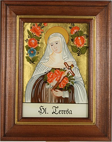 Hinterglaswerkstätten - Hinterglasbild / Patronatsbild "Hl. Teresa Rosen" mit braun gebeizten Holzrahmen, handbemalt mit Legende des Heiligen auf der Bildrückseite, ca. B: 12,5 x H: 16 cm von Hinterglaswerkstätten