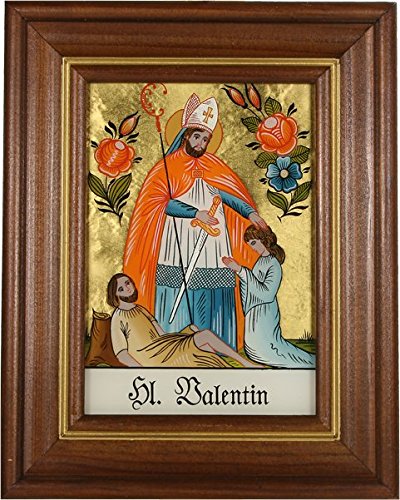 Hinterglaswerkstätten - Hinterglasbild/Patronatsbild Hl. Valentin mit braun gebeizten Holzrahmen, handbemalt mit Legende des Heiligen auf der Bildrückseite, ca. B: 12,5 x H: 16 cm von Hinterglaswerkstätten