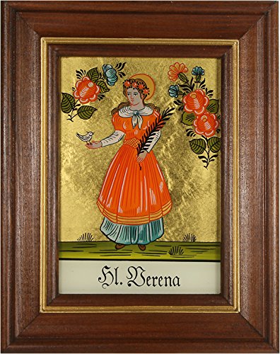 Hinterglaswerkstätten - Hinterglasbild / Patronatsbild "Hl. Verena" mit braun gebeizten Holzrahmen, handbemalt mit Legende des Heiligen auf der Bildrückseite, ca. B: 12,5 x H: 16 cm von Hinterglaswerkstätten