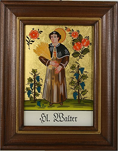 Hinterglaswerkstätten - Hinterglasbild / Patronatsbild "Hl. Walter" mit braun gebeizten Holzrahmen, handbemalt mit Legende des Heiligen auf der Bildrückseite, ca. B: 12,5 x H: 16 cm von Hinterglaswerkstätten