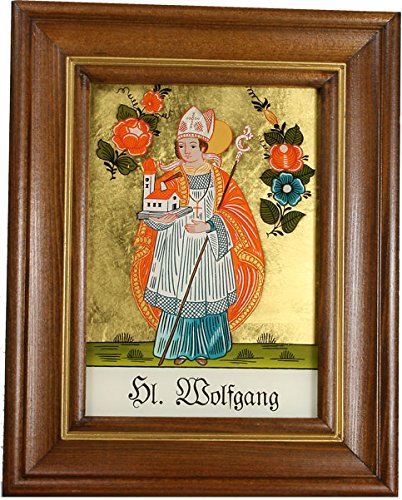 Hinterglaswerkstätten - Hinterglasbild/Patronatsbild Hl. Wolfgang mit braun gebeizten Holzrahmen, handbemalt mit Legende des Heiligen auf der Bildrückseite, ca. B: 12,5 x H: 16 cm Hinterglaswerkstätten - Hinterglasbild/Patronatsbild Hl. Wolfgang mit braun gebeizten Holzrahmen, handbemalt mit Legende des Heiligen auf der Bildrückseite, ca. B: 12,5 x H: 16 cm von Hinterglaswerkstätten