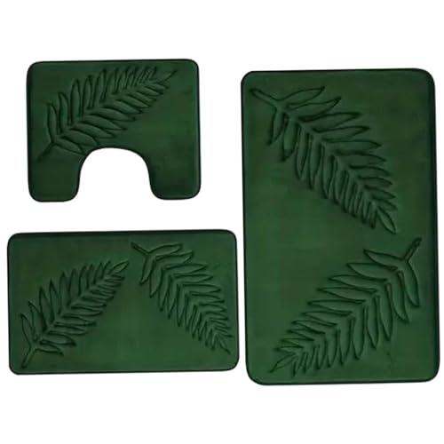 Badezimmerteppich-Set (3-teilig) Badezimmerteppiche mit Blattmuster rutschfest dick weich saugfähig maschinenwaschbar schnelltrocknend Teppich für die Badewanne grüne Badezimmerteppich-Sets 3-teilig von Hintyne