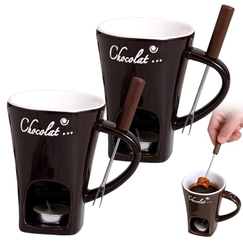 Hintyne 2-teilige Schokoladenfondue-Tasse mit Gabel Keramik-Schokoladenfondue-Becher mit Henkel Teelichthöhle und Loch Teelicht Nicht im Lieferumfang enthalten von Hintyne