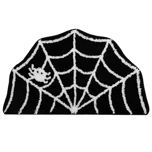 Hintyne Badematte Halloween-Dekor Spinnennetz Gothic-Teppich rutschfest Cartoon schwarz-weiß Halbkreise Badematte Badezimmermatte Plüsch-Duschteppiche waschbar von Hintyne