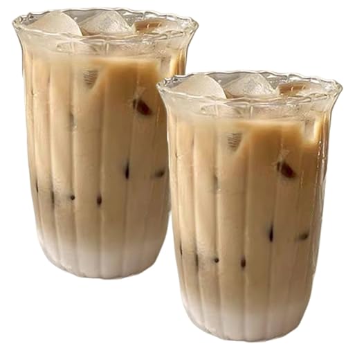 Hintyne Eiskaffeetasse Geripptes Glas 2 Stück Trinkgläser Wellenform Eiskaffeeglas 420 ml Vintage-Glasbecher geriffeltes Glasgeschirr für Smoothies Wasser Saft von Hintyne